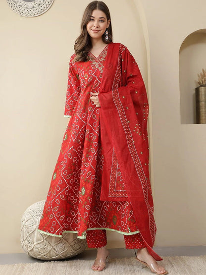 Women Leheriya Printed Angrakha Cotton Kurta with Trousers & Dupatta