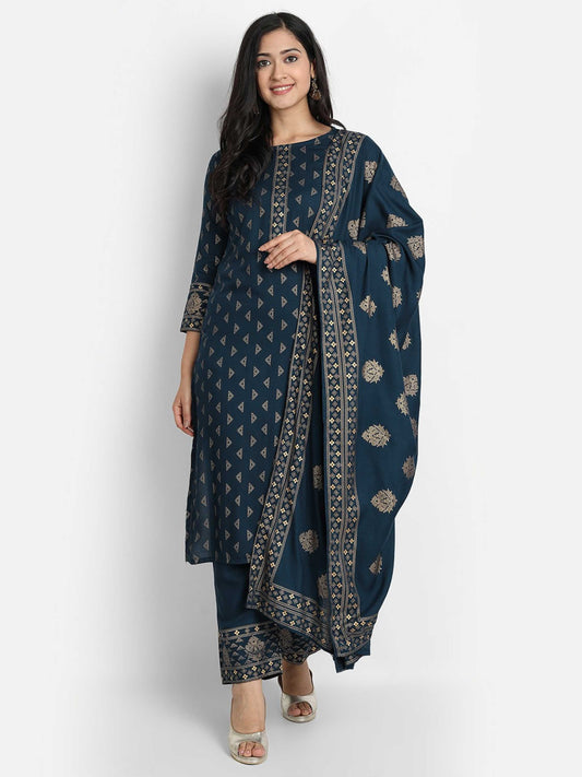 Women Blue Printed Viscose Rayon Kurta And Pant Set