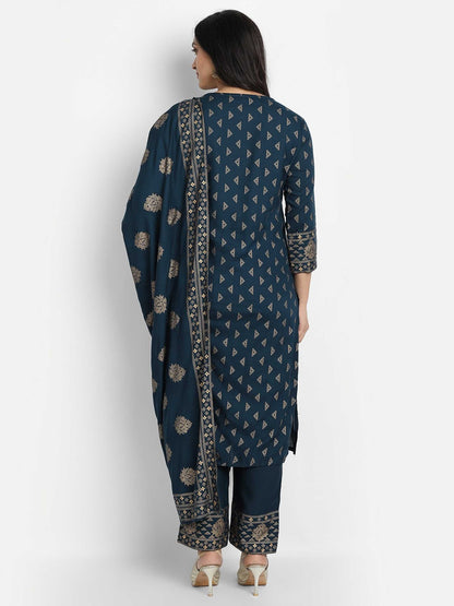 Women Blue Printed Viscose Rayon Kurta And Pant Set