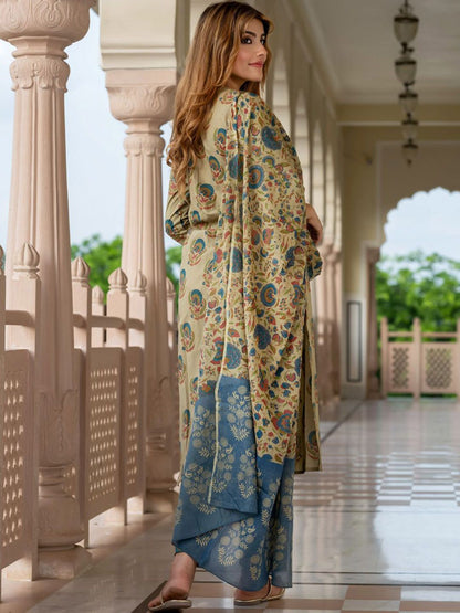 Dhiyona KL Floral Printed Round Neck Pure Cotton Straight Kurta With Trousers & Dupatta