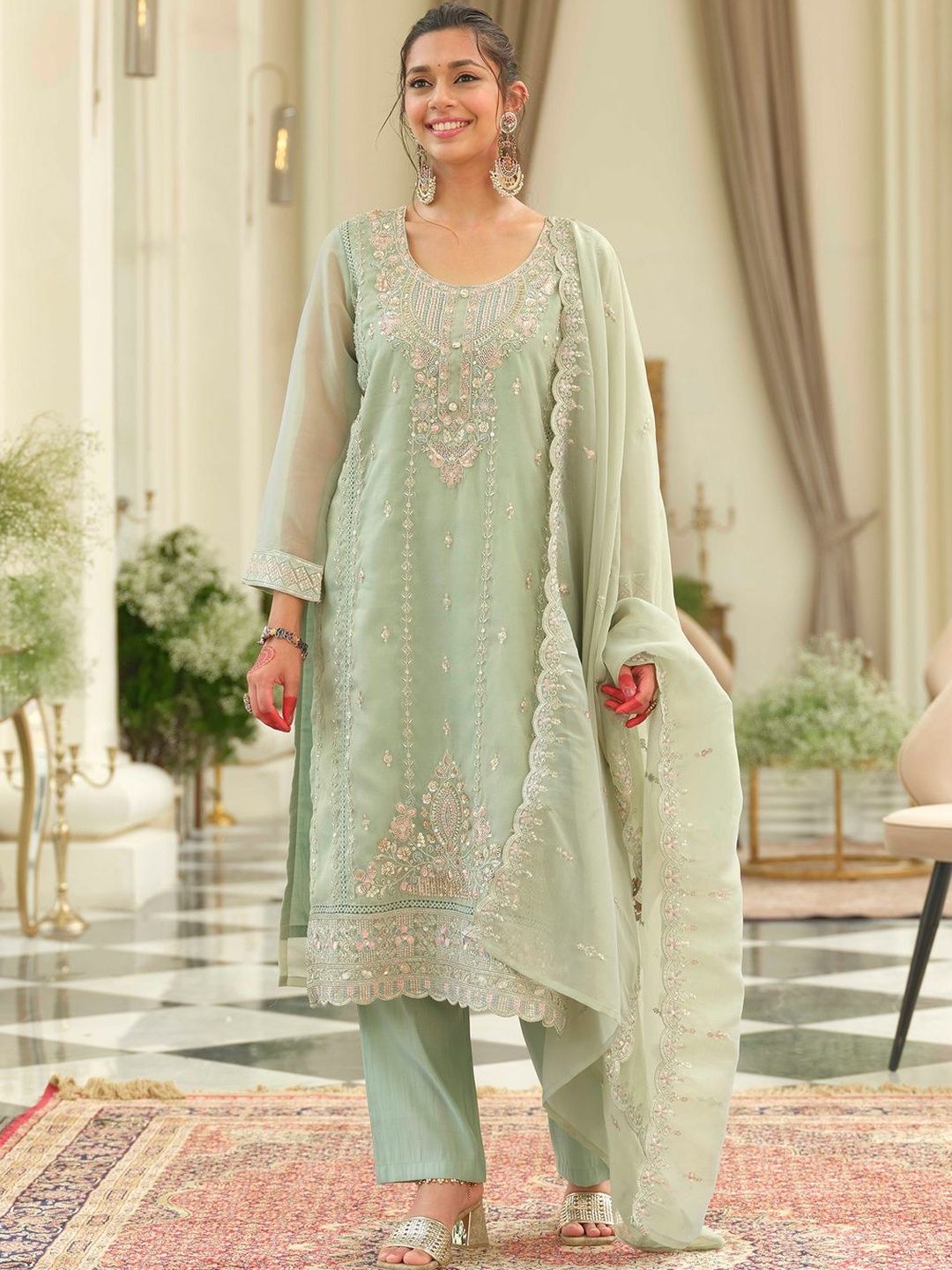 Ethnic Motifs Embroidered Sequinned Kurta With Trousers & Dupatta