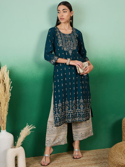 Women Floral Thread Work Round Neck Kurta Sets