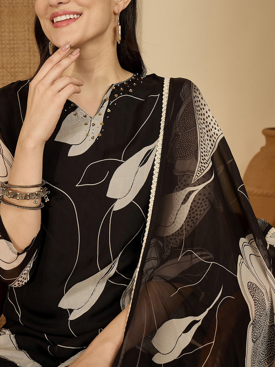 Printed Straight Kurta & Trousers With Dupatta