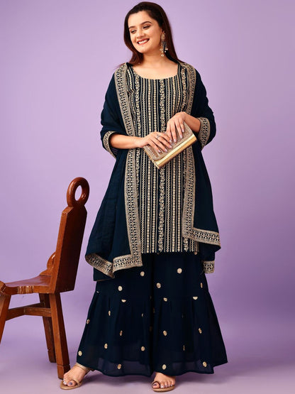 Dhiyona KL Floral Embroidered Georgette Straight Kurta with Sharara & Dupatta
