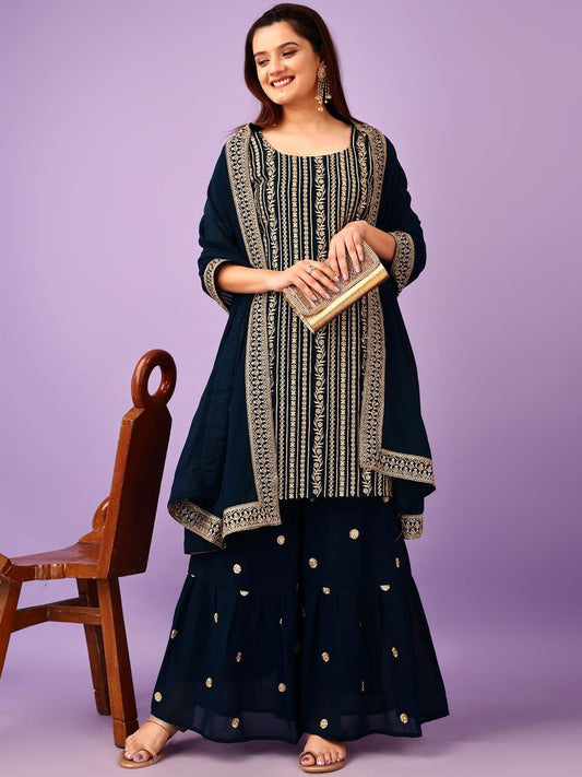 Dhiyona KL Floral Embroidered Georgette Straight Kurta with Sharara & Dupatta