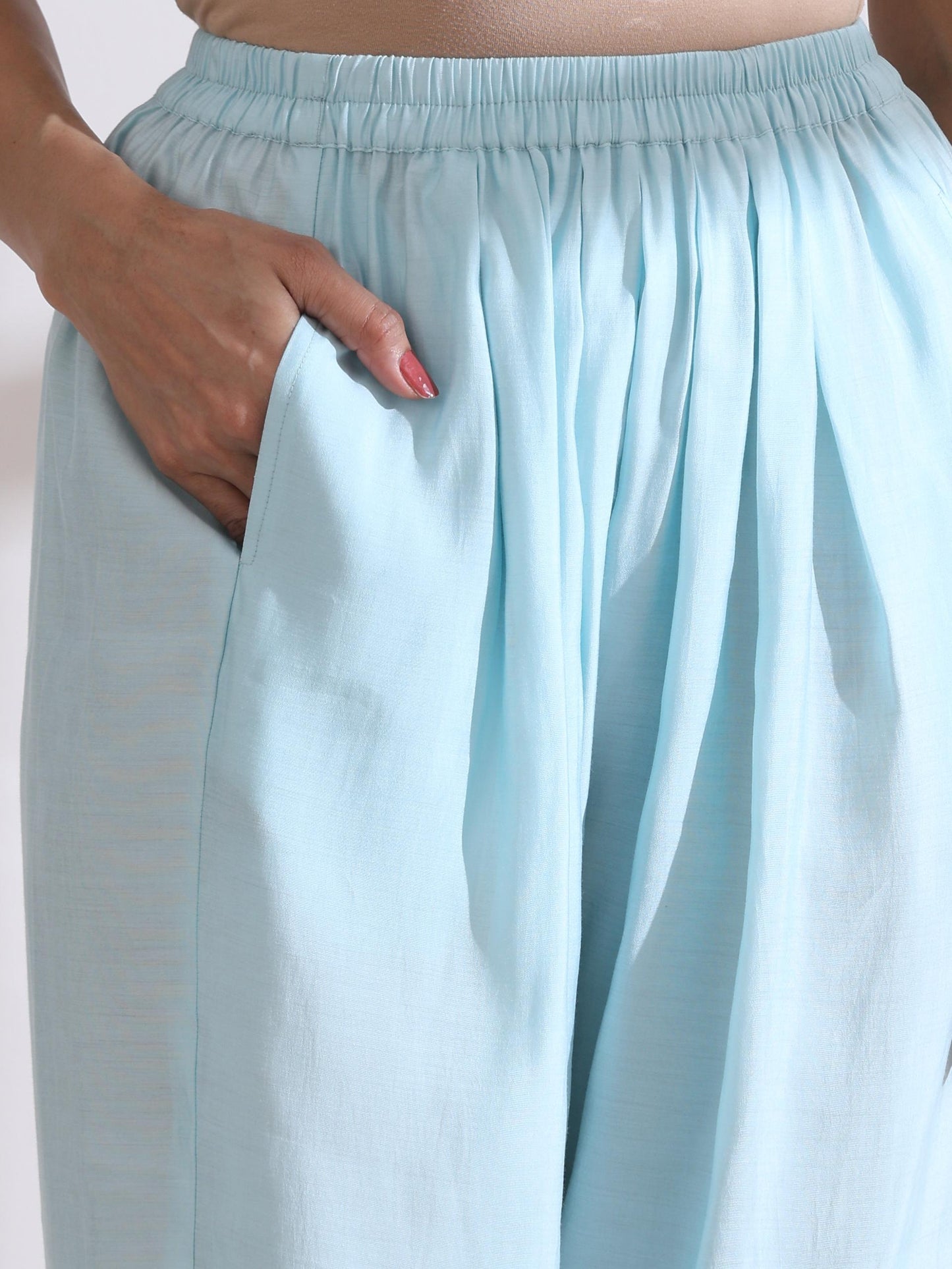 Dhiyona ST Women's Light Blue Kurta with White Flowers and Pants 2 Piece Set | A-Line, Round Neck, 3/4 Sleeves, Work Wear (AirSkin Cotton Silk Blend)