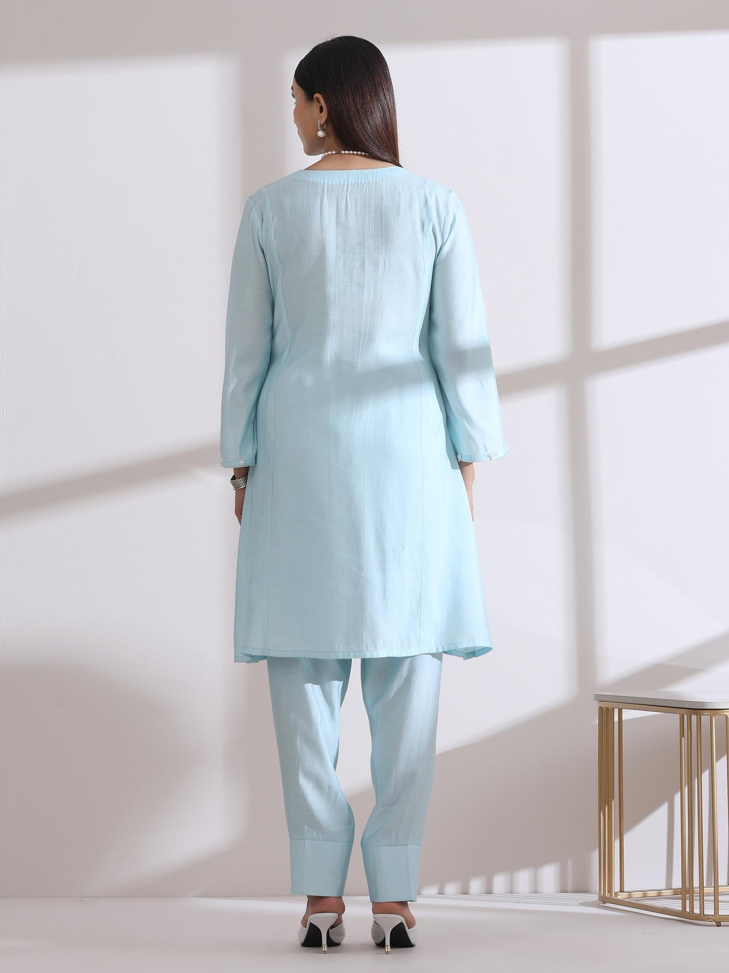 Dhiyona ST Women's Light Blue Kurta with White Flowers and Pants 2 Piece Set | A-Line, Round Neck, 3/4 Sleeves, Work Wear (AirSkin Cotton Silk Blend)