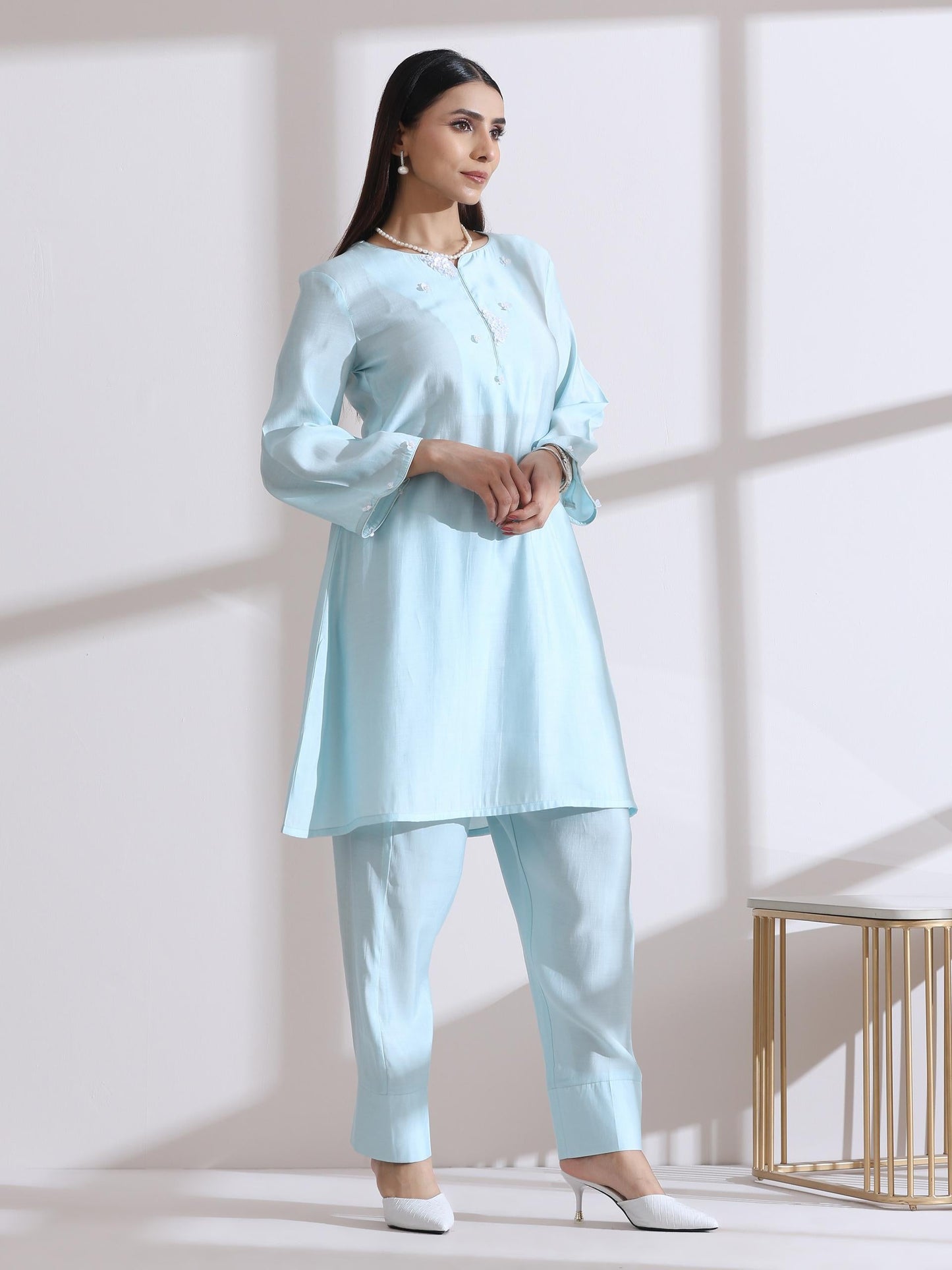 Dhiyona ST Women's Light Blue Kurta with White Flowers and Pants 2 Piece Set | A-Line, Round Neck, 3/4 Sleeves, Work Wear (AirSkin Cotton Silk Blend)
