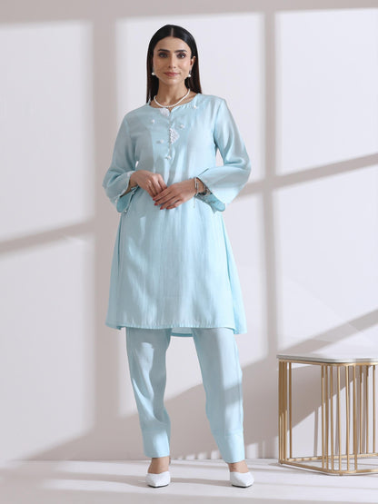 Dhiyona ST Women's Light Blue Kurta with White Flowers and Pants 2 Piece Set | A-Line, Round Neck, 3/4 Sleeves, Work Wear (AirSkin Cotton Silk Blend)