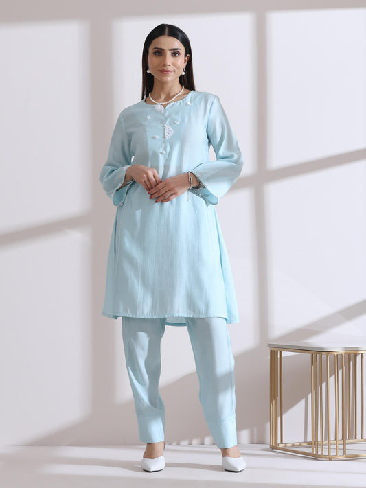 Dhiyona ST Women's Light Blue Kurta with White Flowers and Pants 2 Piece Set | A-Line, Round Neck, 3/4 Sleeves, Work Wear (AirSkin Cotton Silk Blend)