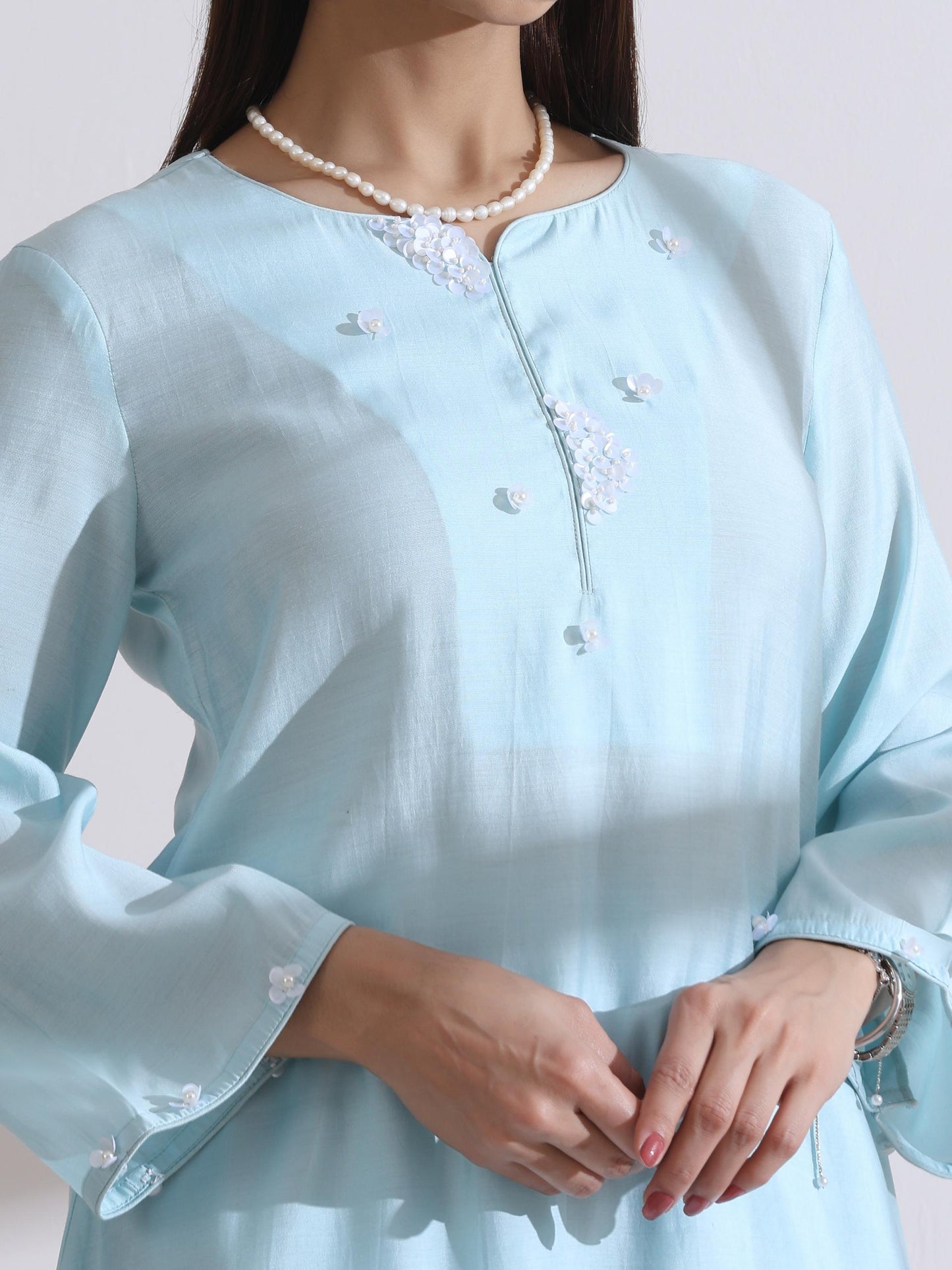 Dhiyona ST Women's Light Blue Kurta with White Flowers and Pants 2 Piece Set | A-Line, Round Neck, 3/4 Sleeves, Work Wear (AirSkin Cotton Silk Blend)