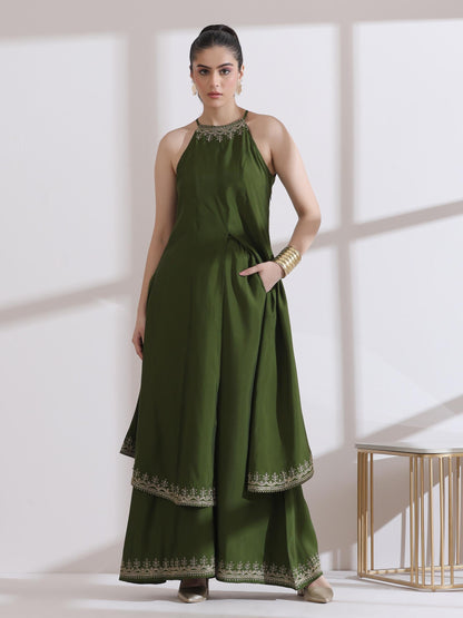Dhiyona ST Women's Mehndi Green Halter Kurta with Embroidery and Palazzo 2 Piece Set | Straight Fit, Halter Neck, Sleeveless, Festive Wear, Casual (AirSkin Cotton Silk Blend)