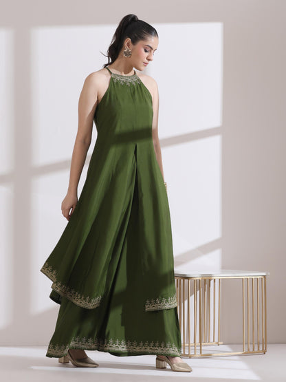 Dhiyona ST Women's Mehndi Green Halter Kurta with Embroidery and Palazzo 2 Piece Set | Straight Fit, Halter Neck, Sleeveless, Festive Wear, Casual (AirSkin Cotton Silk Blend)