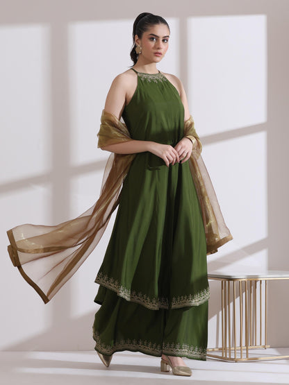 Dhiyona ST Women's Mehndi Green Halter Kurta with Embroidery and Palazzo 2 Piece Set | Straight Fit, Halter Neck, Sleeveless, Festive Wear, Casual (AirSkin Cotton Silk Blend)