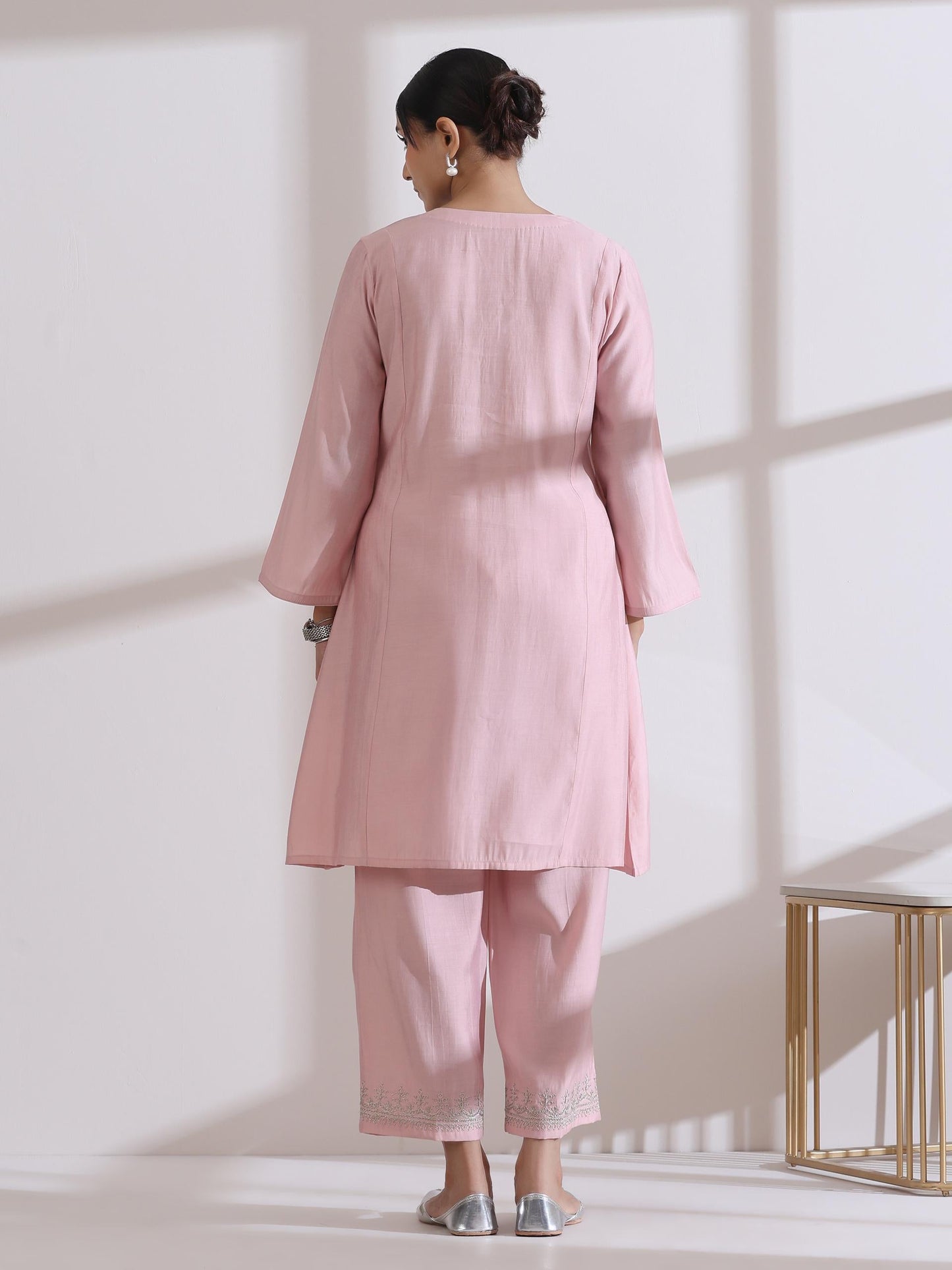 Dhiyona ST Women's Light Pink Kurta with Embroidery on Top and Pants 2 Piece Set | A-Line, Round Neck, 3/4 Sleeves, Workwear, Casual (AirSkin Cotton Silk Blend)
