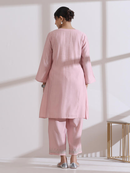 Dhiyona ST Women's Light Pink Kurta with Embroidery on Top and Pants 2 Piece Set | A-Line, Round Neck, 3/4 Sleeves, Workwear, Casual (AirSkin Cotton Silk Blend)