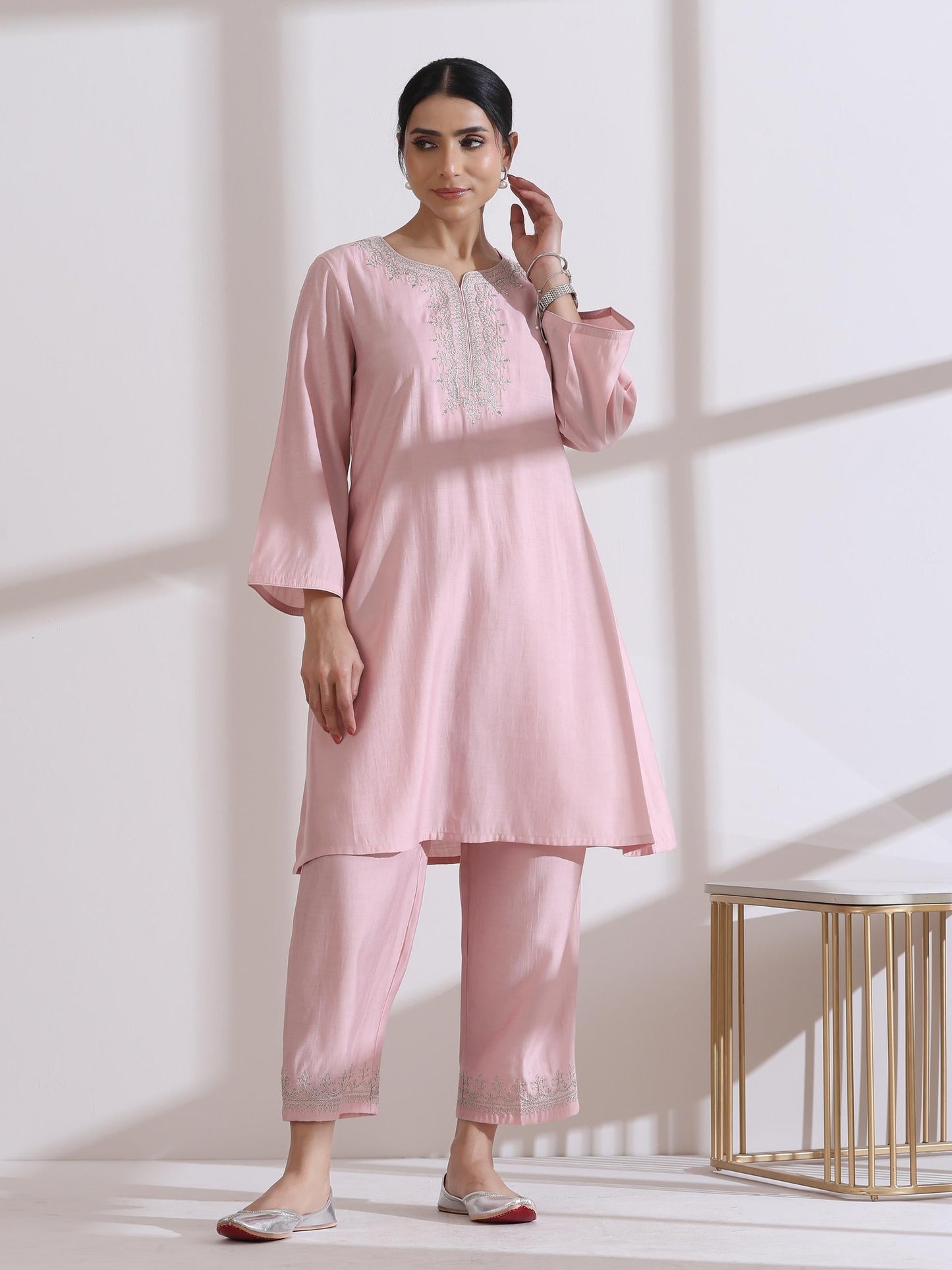 Dhiyona ST Women's Light Pink Kurta with Embroidery on Top and Pants 2 Piece Set | A-Line, Round Neck, 3/4 Sleeves, Workwear, Casual (AirSkin Cotton Silk Blend)