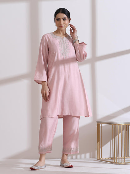 Dhiyona ST Women's Light Pink Kurta with Embroidery on Top and Pants 2 Piece Set | A-Line, Round Neck, 3/4 Sleeves, Workwear, Casual (AirSkin Cotton Silk Blend)