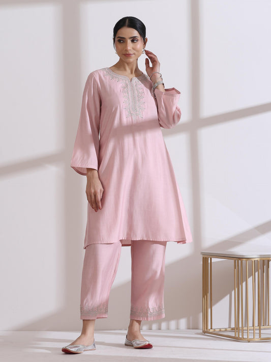 Dhiyona ST Women's Light Pink Kurta with Embroidery on Top and Pants 2 Piece Set | A-Line, Round Neck, 3/4 Sleeves, Workwear, Casual (AirSkin Cotton Silk Blend)