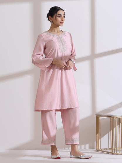 Dhiyona ST Women's Light Pink Kurta with Embroidery on Top and Pants 2 Piece Set | A-Line, Round Neck, 3/4 Sleeves, Workwear, Casual (AirSkin Cotton Silk Blend)