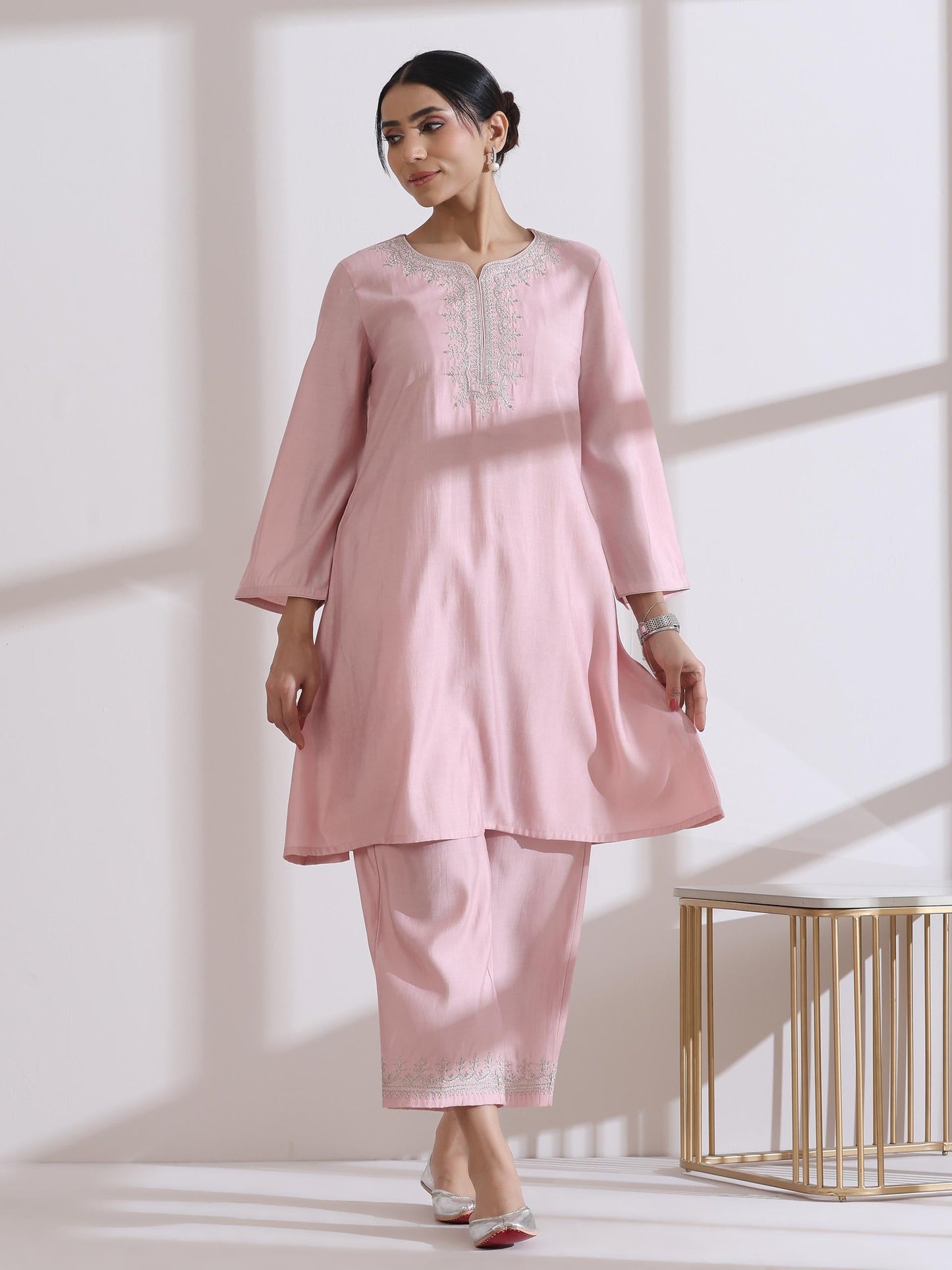 Dhiyona ST Women's Light Pink Kurta with Embroidery on Top and Pants 2 Piece Set | A-Line, Round Neck, 3/4 Sleeves, Workwear, Casual (AirSkin Cotton Silk Blend)