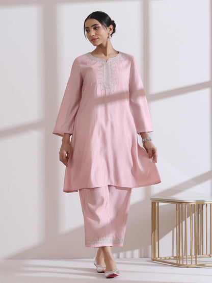 Dhiyona ST Women's Light Pink Kurta with Embroidery on Top and Pants 2 Piece Set | A-Line, Round Neck, 3/4 Sleeves, Workwear, Casual (AirSkin Cotton Silk Blend)