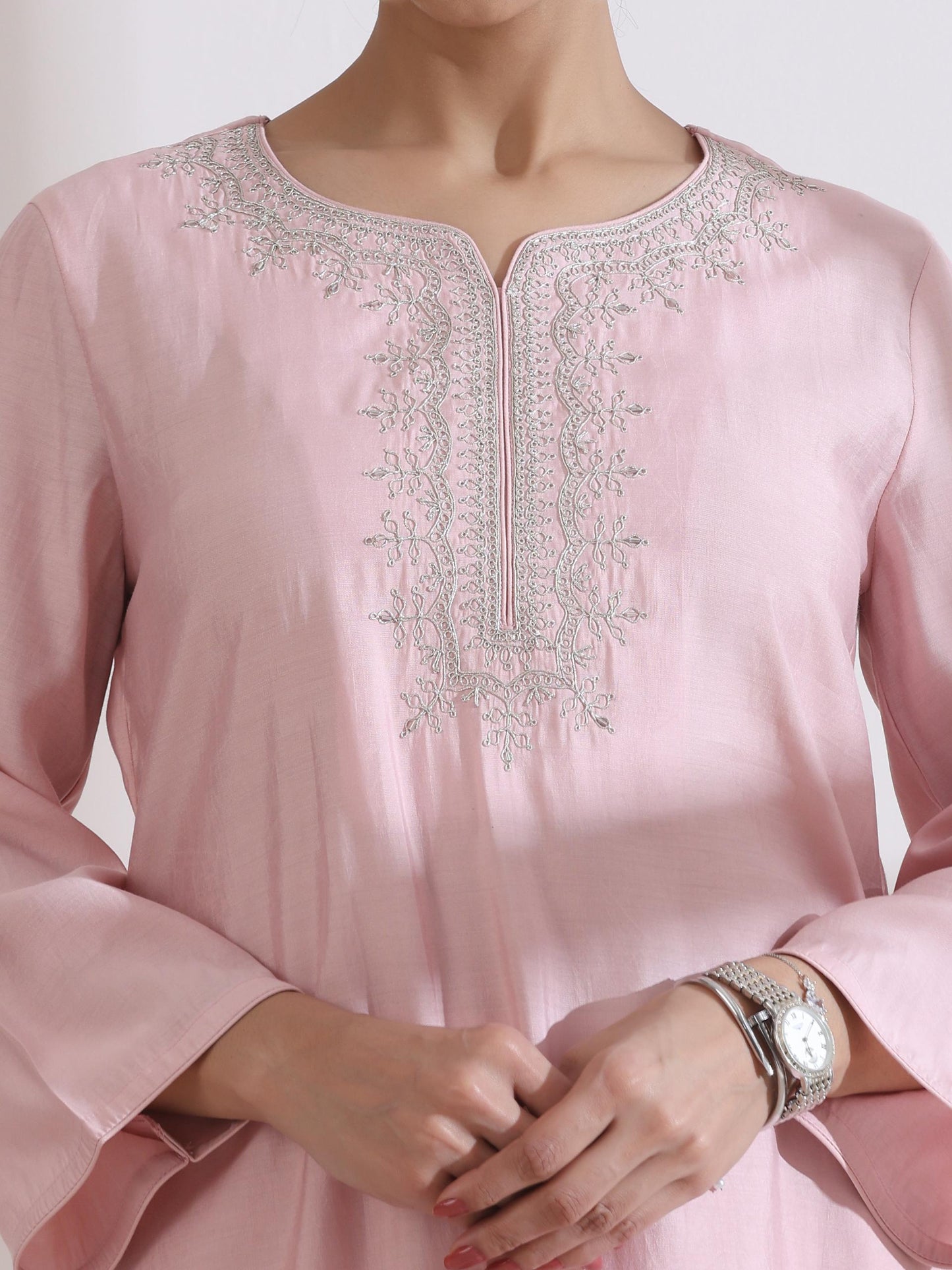 Dhiyona ST Women's Light Pink Kurta with Embroidery on Top and Pants 2 Piece Set | A-Line, Round Neck, 3/4 Sleeves, Workwear, Casual (AirSkin Cotton Silk Blend)