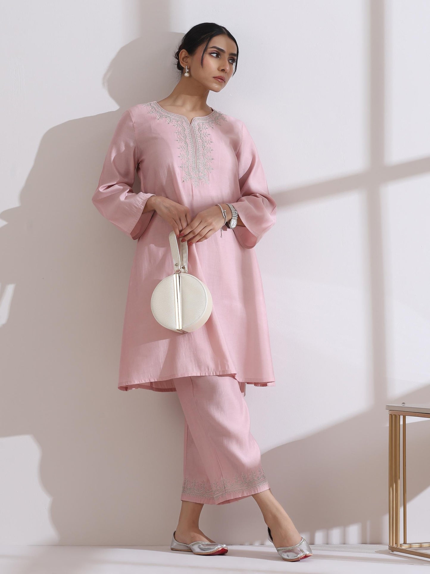 Dhiyona ST Women's Light Pink Kurta with Embroidery on Top and Pants 2 Piece Set | A-Line, Round Neck, 3/4 Sleeves, Workwear, Casual (AirSkin Cotton Silk Blend)