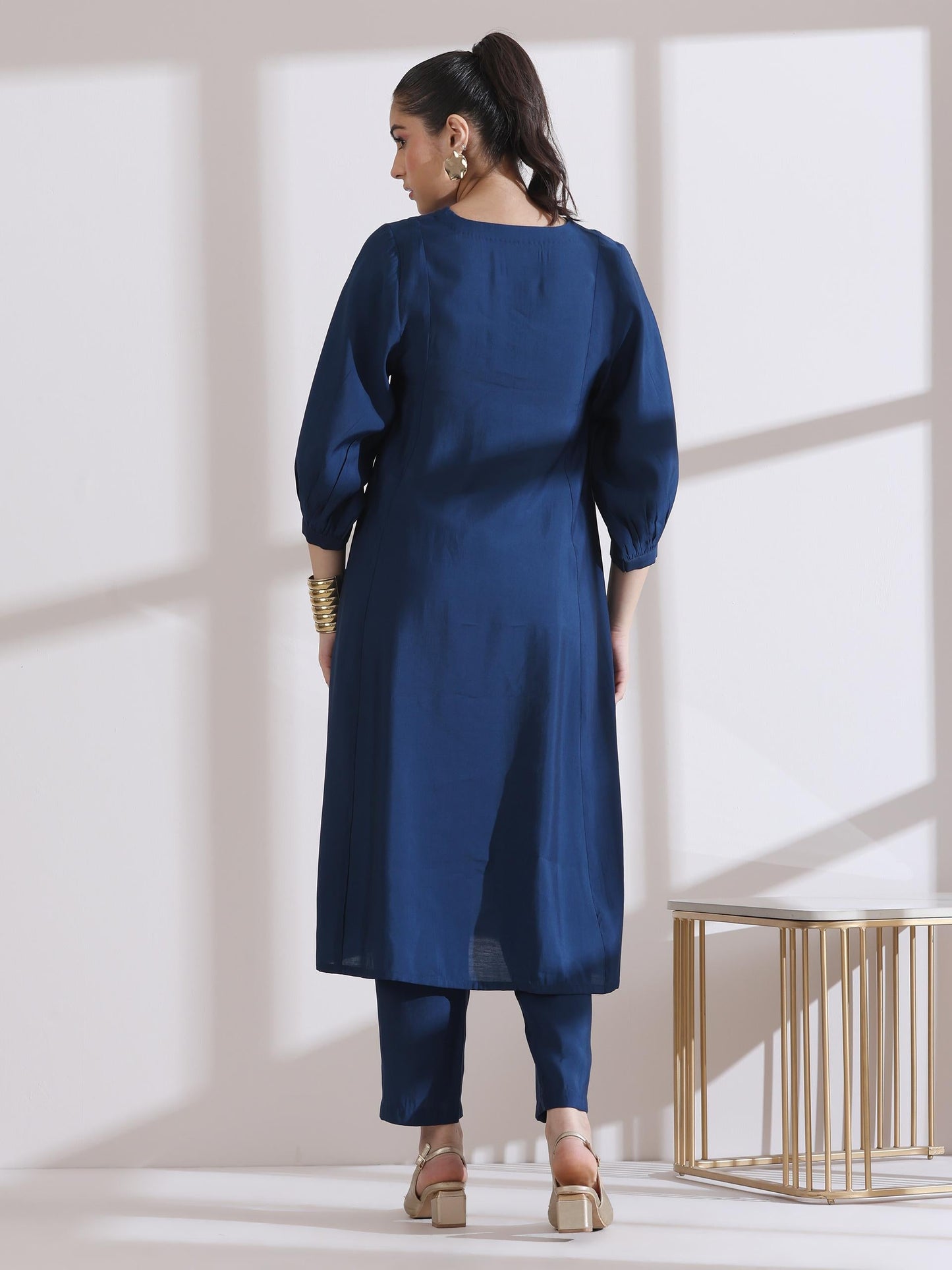 Dhiyona ST Women's Navy Blue Kurta with Girl Embroidery and Pants 2 Piece Set | A-Line, V Neck, 3/4 Sleeves, Work Wear, (AirSkin Cotton Silk Blend)