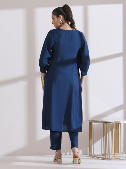 Dhiyona ST Women's Navy Blue Kurta with Girl Embroidery and Pants 2 Piece Set | A-Line, V Neck, 3/4 Sleeves, Work Wear, (AirSkin Cotton Silk Blend)
