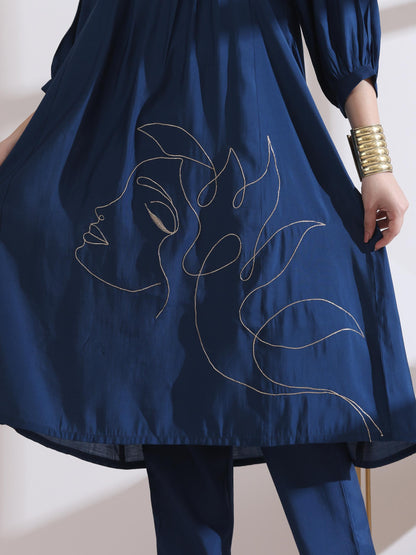 Dhiyona ST Women's Navy Blue Kurta with Girl Embroidery 1 Piece | A-Line, V Neck, 3/4 Sleeves, Work Wear, (AirSkin Cotton Silk Blend)