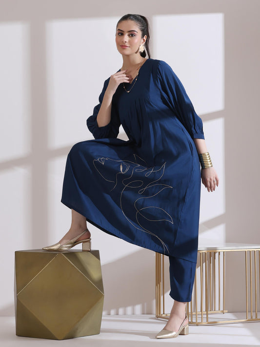Dhiyona ST Women's Navy Blue Kurta with Girl Embroidery and Pants 2 Piece Set | A-Line, V Neck, 3/4 Sleeves, Work Wear, (AirSkin Cotton Silk Blend)