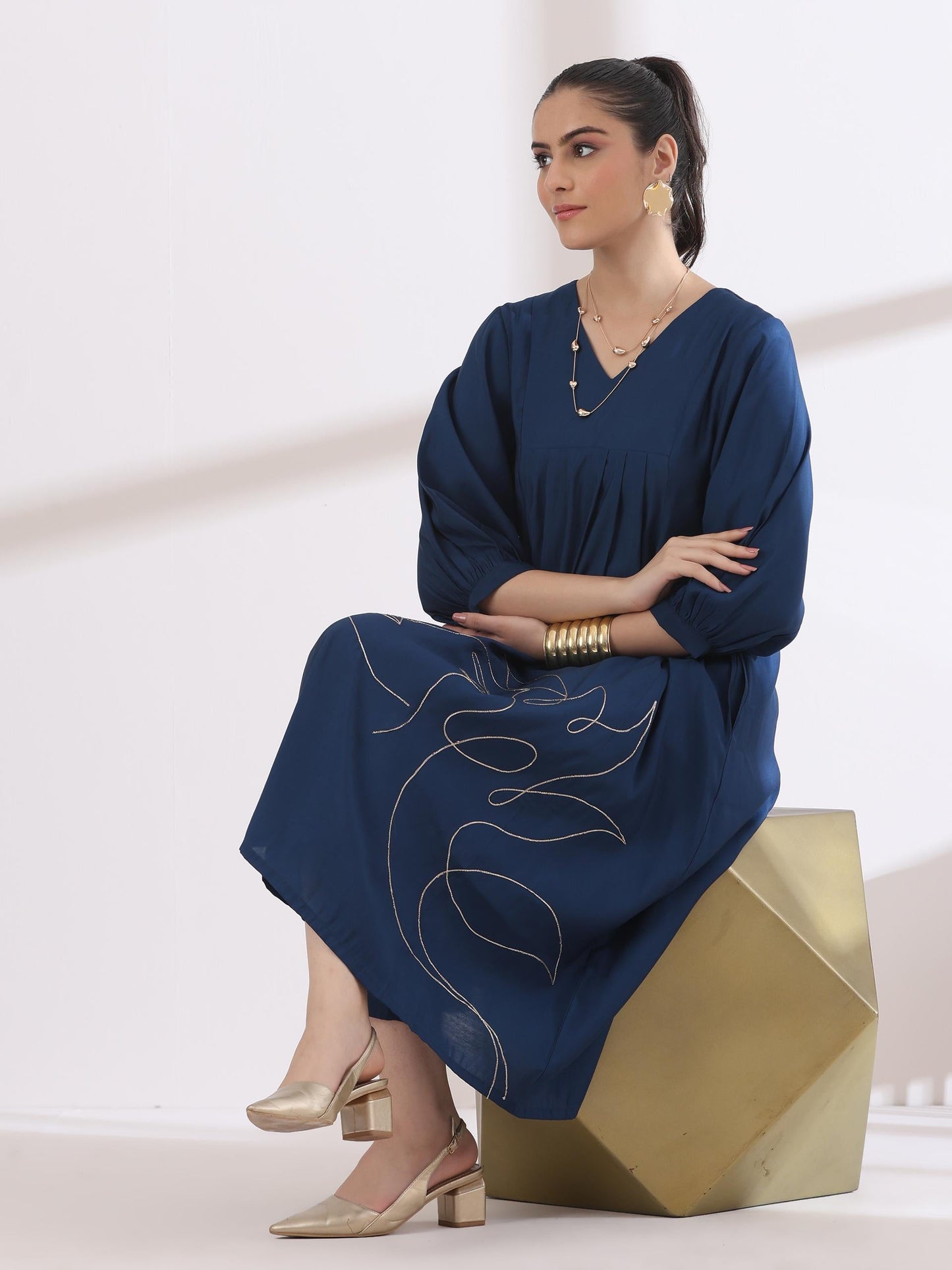 Dhiyona ST Women's Navy Blue Kurta with Girl Embroidery 1 Piece | A-Line, V Neck, 3/4 Sleeves, Work Wear, (AirSkin Cotton Silk Blend)
