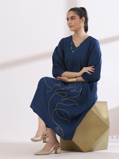 Dhiyona ST Women's Navy Blue Kurta with Girl Embroidery 1 Piece | A-Line, V Neck, 3/4 Sleeves, Work Wear, (AirSkin Cotton Silk Blend)