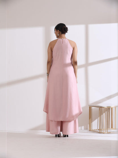 Dhiyona ST Women's Pink Halter Kurta with Pearls and Palazzo Pants 2 Piece Set | Straight Fit, Halter Neck, Sleeveless, Partywear, Casual (AirSkin Cotton Silk Blend)