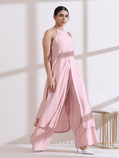 Dhiyona ST Women's Pink Halter Kurta with Pearls and Palazzo Pants 2 Piece Set | Straight Fit, Halter Neck, Sleeveless, Partywear, Casual (AirSkin Cotton Silk Blend)