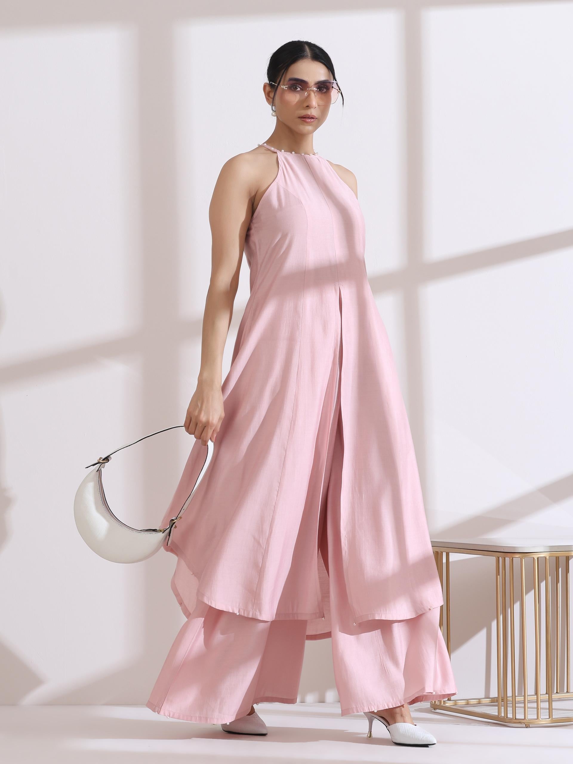 Dhiyona ST Women's Pink Halter Kurta with Pearls and Palazzo Pants 2 Piece Set | Straight Fit, Halter Neck, Sleeveless, Partywear, Casual (AirSkin Cotton Silk Blend)