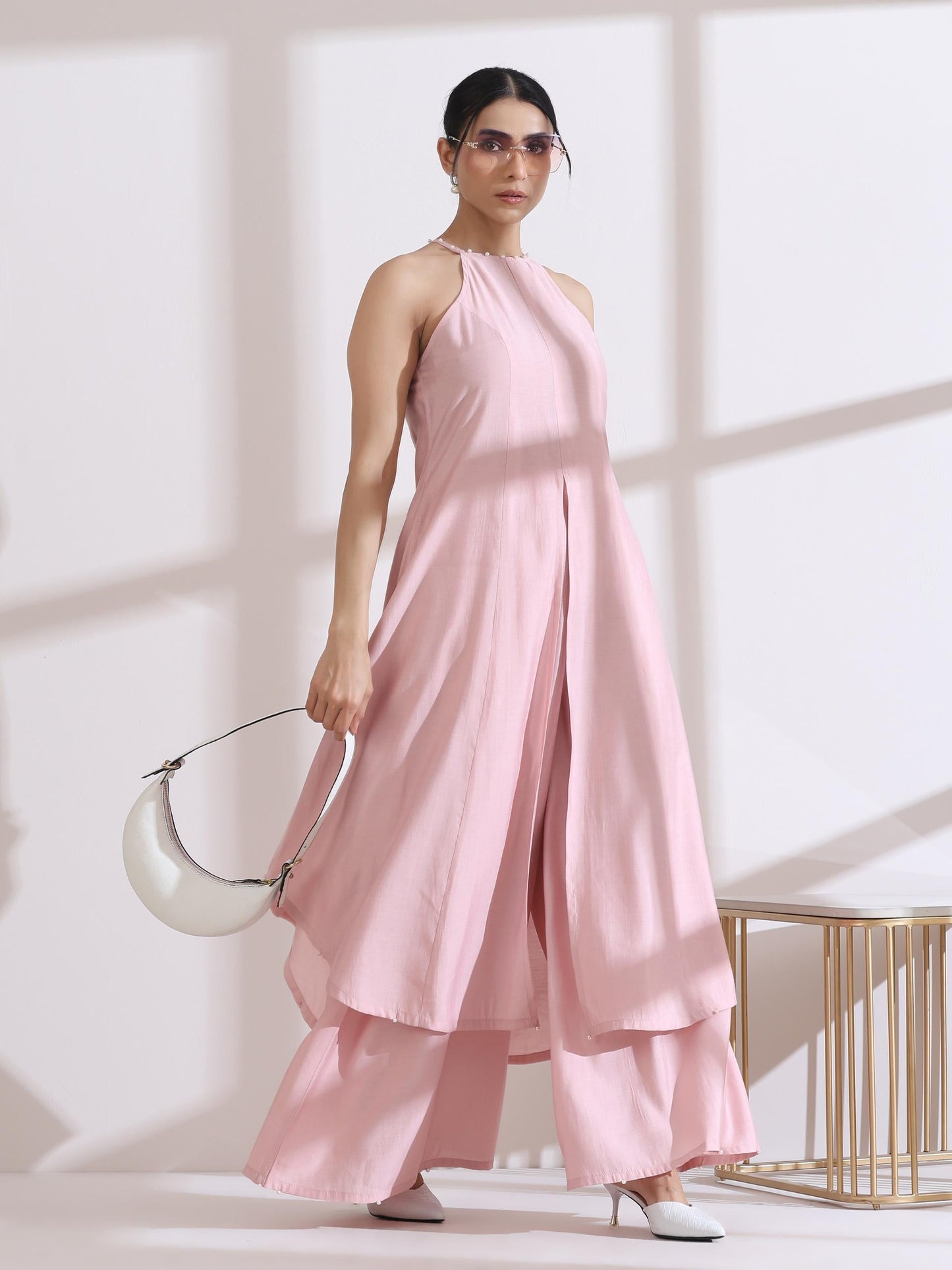 Dhiyona ST Women's Pink Halter Kurta with Pearls and Palazzo Pants 2 Piece Set | Straight Fit, Halter Neck, Sleeveless, Partywear, Casual (AirSkin Cotton Silk Blend)
