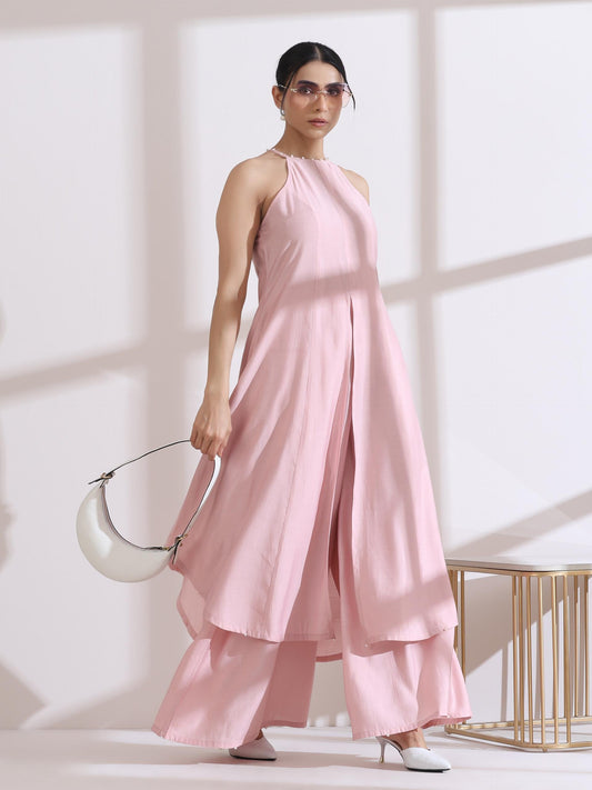 Dhiyona ST Women's Pink Halter Kurta with Pearls and Palazzo Pants 2 Piece Set | Straight Fit, Halter Neck, Sleeveless, Partywear, Casual (AirSkin Cotton Silk Blend)
