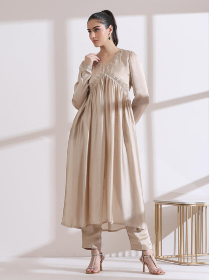 Dhiyona ST 3 Pc Set - Bare Bling Butter Chiffon Anarkali Suit With Embroidery Beads With Matching Pants And Dupatta