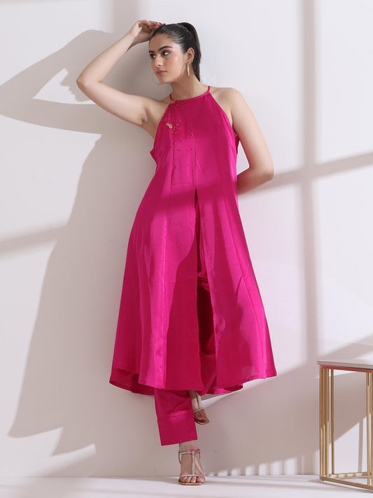 Dhiyona ST Women's Fuchsia Halter Beaded Kurta with Pants 2 Piece Set | Straight Fit, Halter Neck, Sleeveless, Pants, Festive Wear, (Lux Fabric)