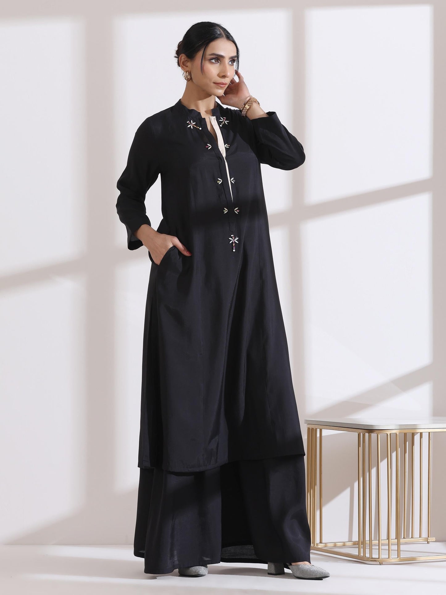 Dhiyona ST Women's Black Long Opening Kurta with Multi Beads and Black Palazzo 2 Piece Set | A-Line, Round Neck, 3/4 Sleeves, Partywear, Casual (AirSkin Cotton Silk Blend)