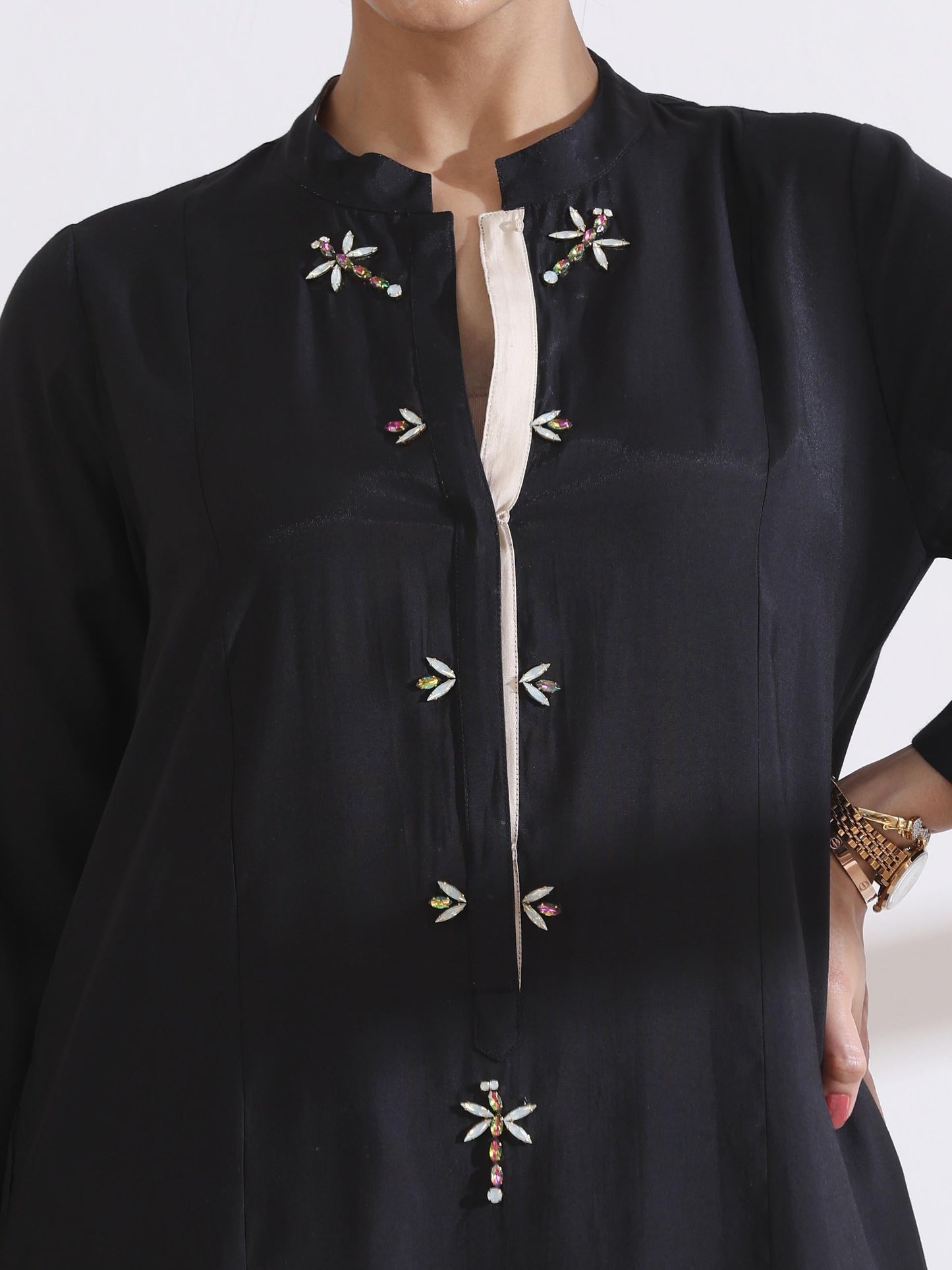 Dhiyona ST Women's Black Long Opening Kurta with Multi Beads and Black Palazzo 2 Piece Set | A-Line, Round Neck, 3/4 Sleeves, Partywear, Casual (AirSkin Cotton Silk Blend)
