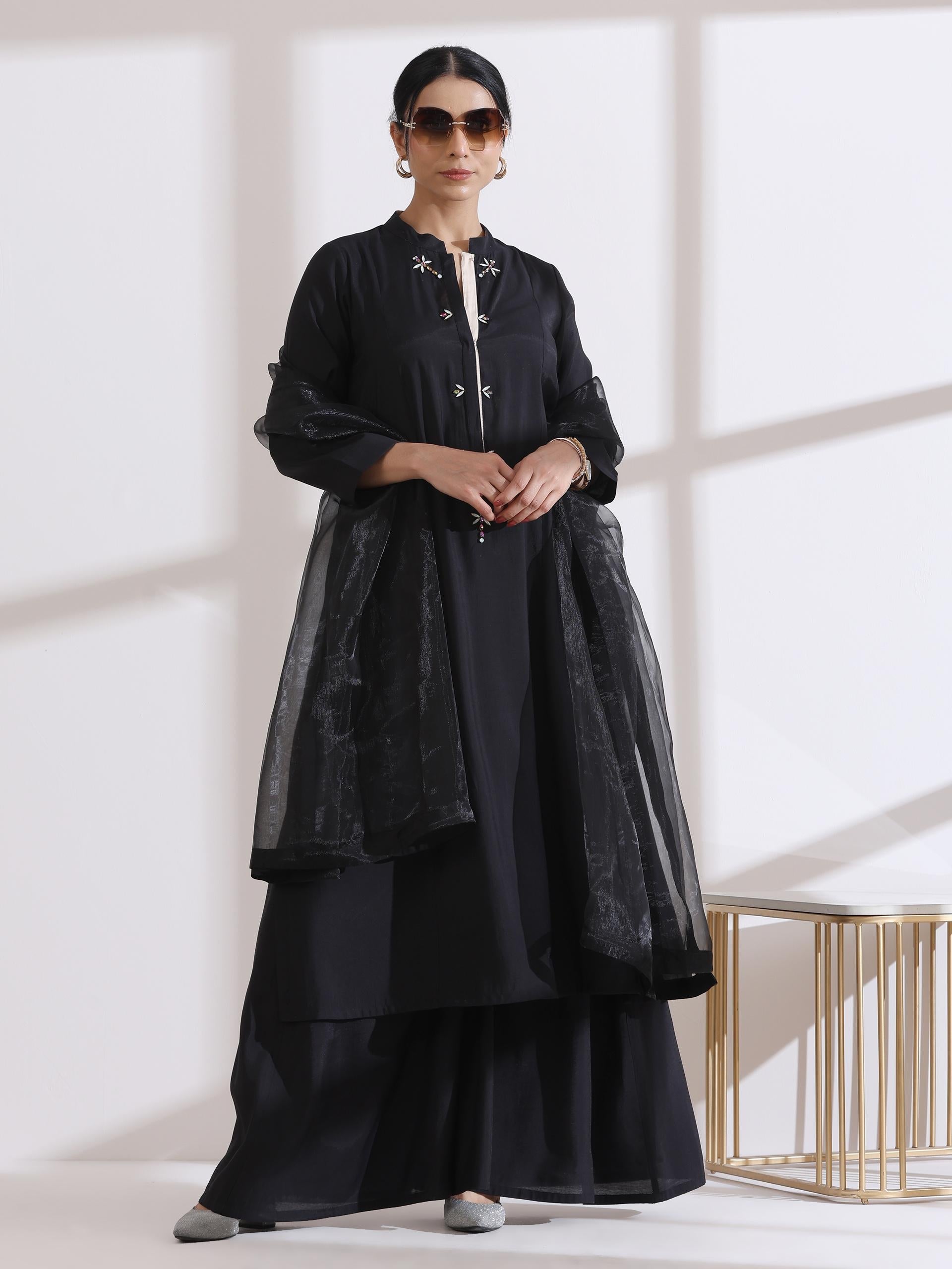 Dhiyona ST Women's Black Long Opening Kurta with Multi Beads and Black Palazzo 2 Piece Set | A-Line, Round Neck, 3/4 Sleeves, Partywear, Casual (AirSkin Cotton Silk Blend)