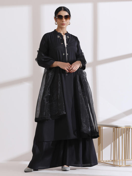 Dhiyona ST Women's Black Long Opening Kurta with Multi Beads and Black Palazzo 2 Piece Set | A-Line, Round Neck, 3/4 Sleeves, Partywear, Casual (AirSkin Cotton Silk Blend)