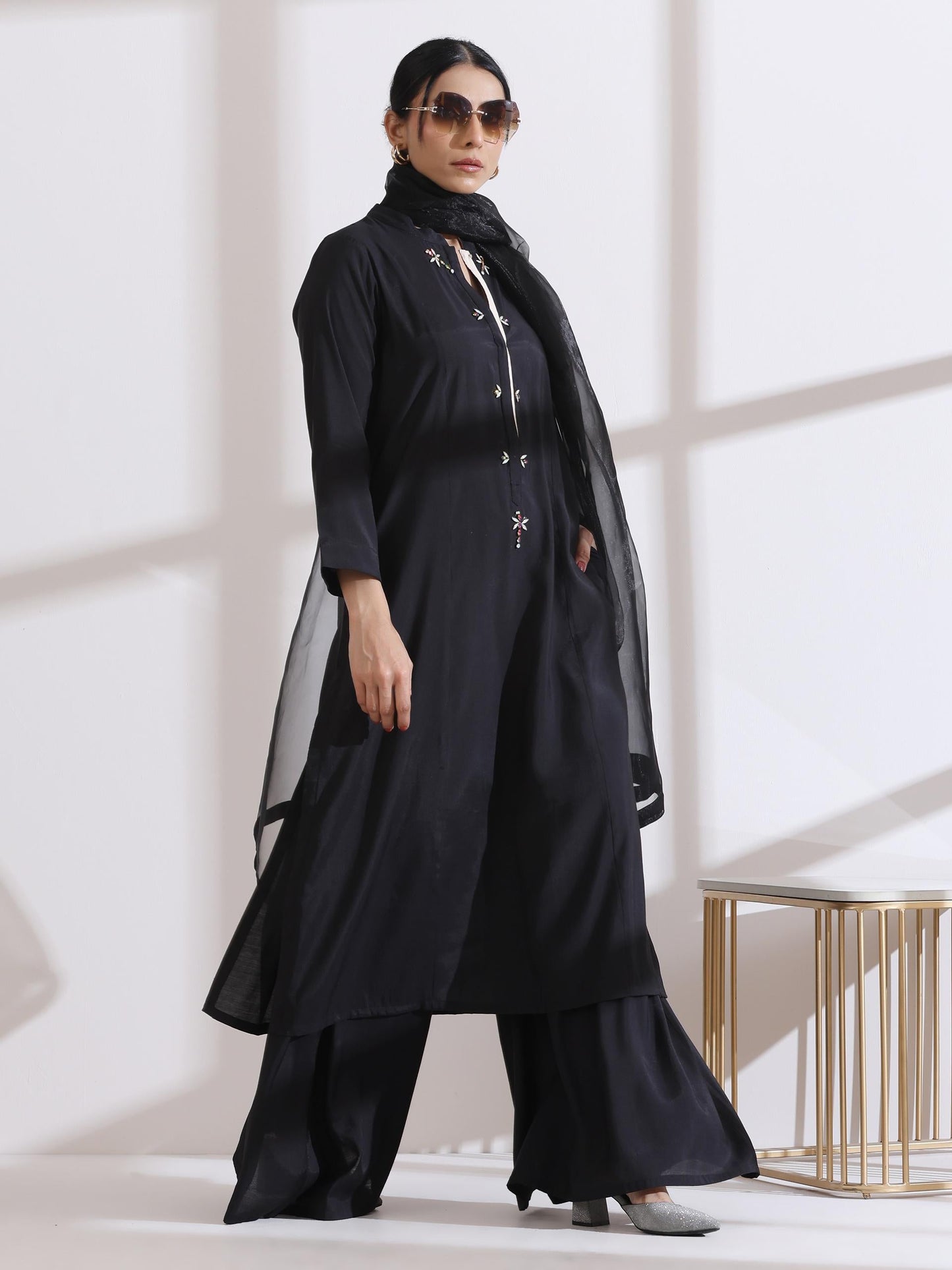 Dhiyona ST Women's Black Long Opening Kurta with Multi Beads and Black Palazzo 2 Piece Set | A-Line, Round Neck, 3/4 Sleeves, Partywear, Casual (AirSkin Cotton Silk Blend)