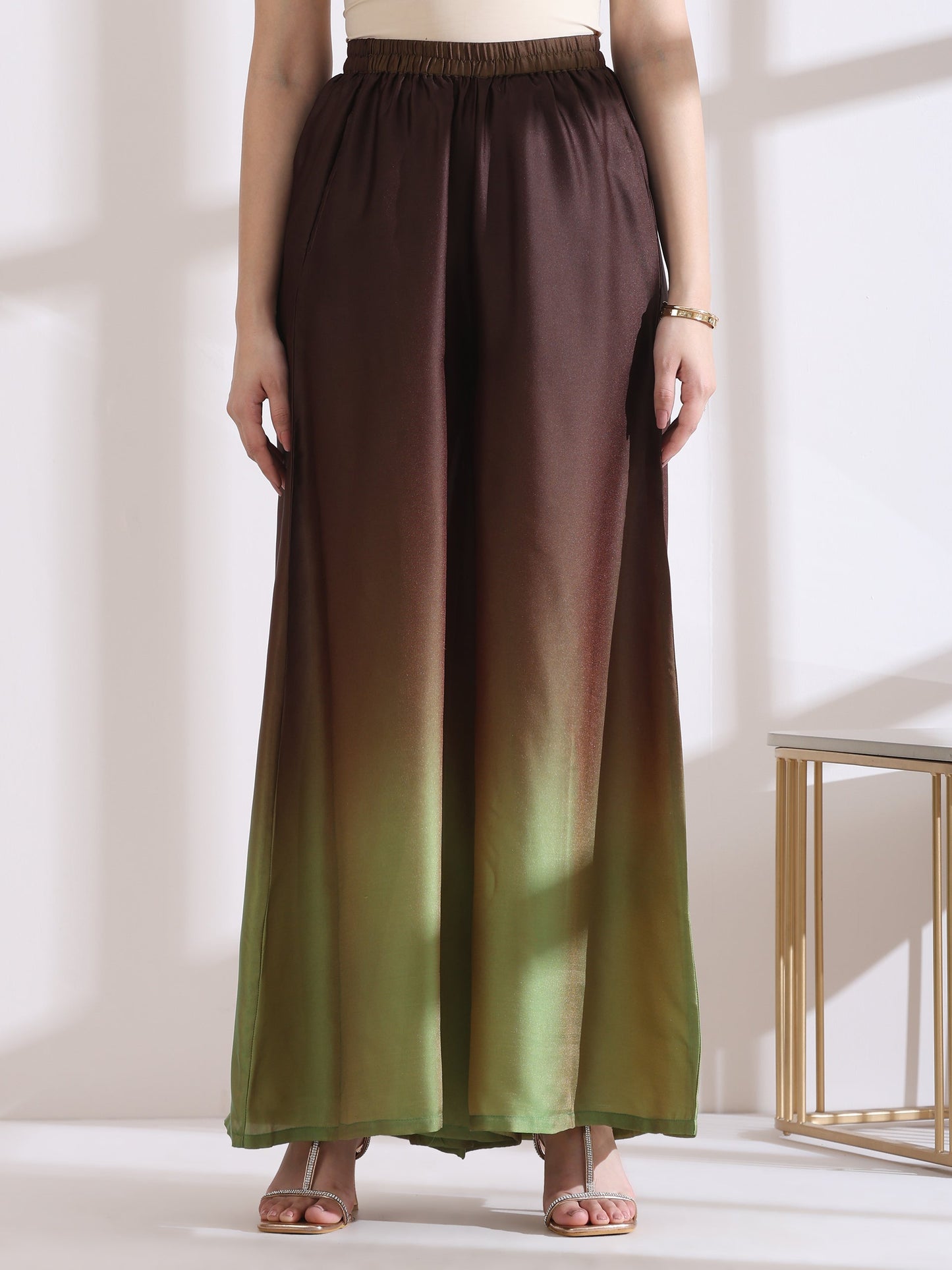 Dhiyona ST Women's Chocolate Green Chiffon Ombre Satin Kurta with Beads and Palazzo Pants 2 Piece Set | A-Line, Halter Neck, Sleeveless, Partywear, (Chiffon Satin)