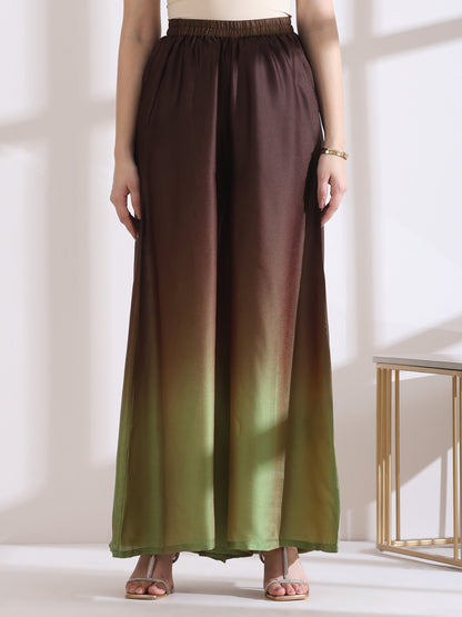 Dhiyona ST Women's Chocolate Green Chiffon Ombre Satin Kurta with Beads and Palazzo Pants 2 Piece Set | A-Line, Halter Neck, Sleeveless, Partywear, (Chiffon Satin)