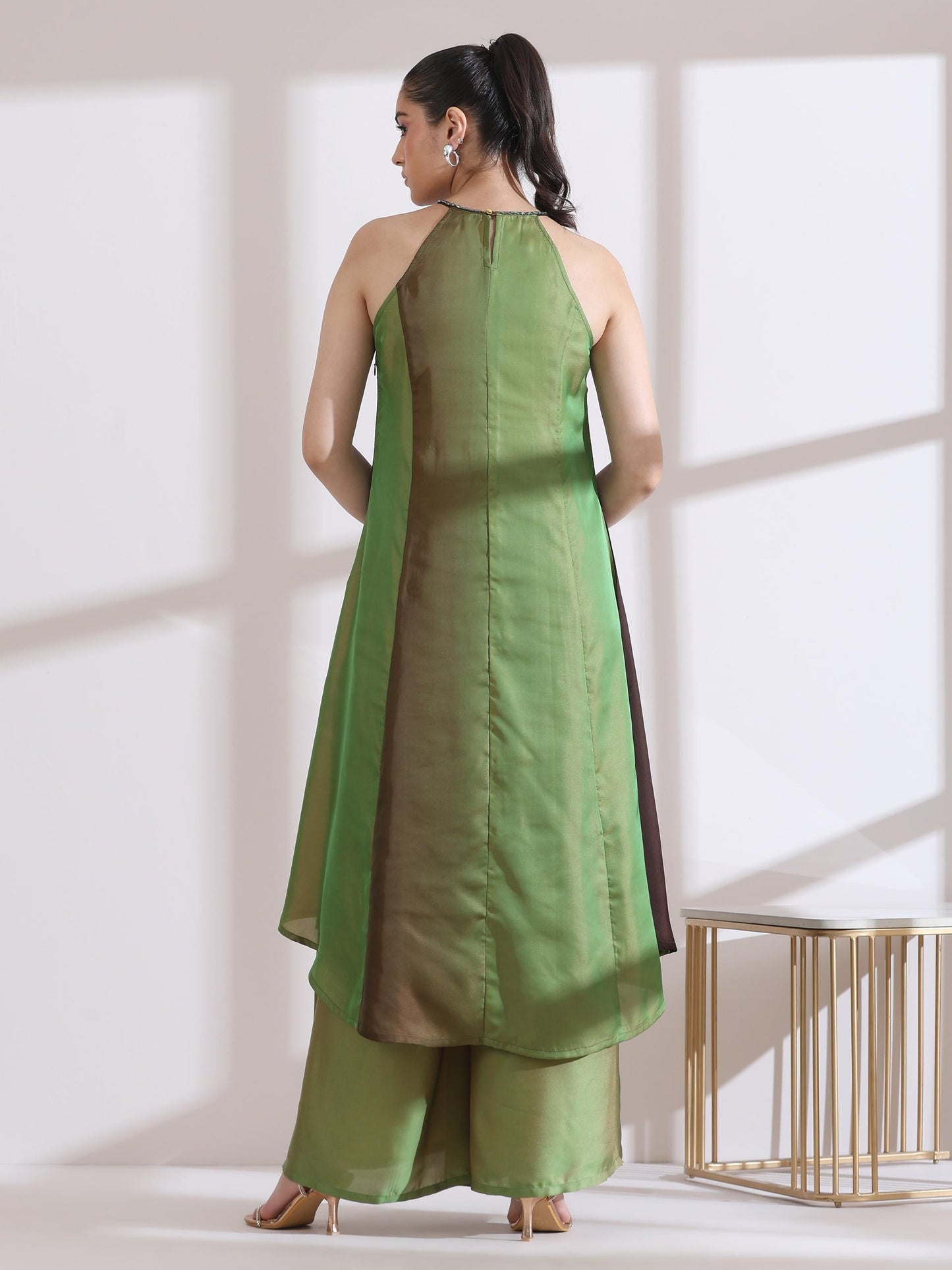 Dhiyona ST Women's Chocolate Green Chiffon Ombre Satin Kurta with Beads and Palazzo Pants 2 Piece Set | A-Line, Halter Neck, Sleeveless, Partywear, (Chiffon Satin)