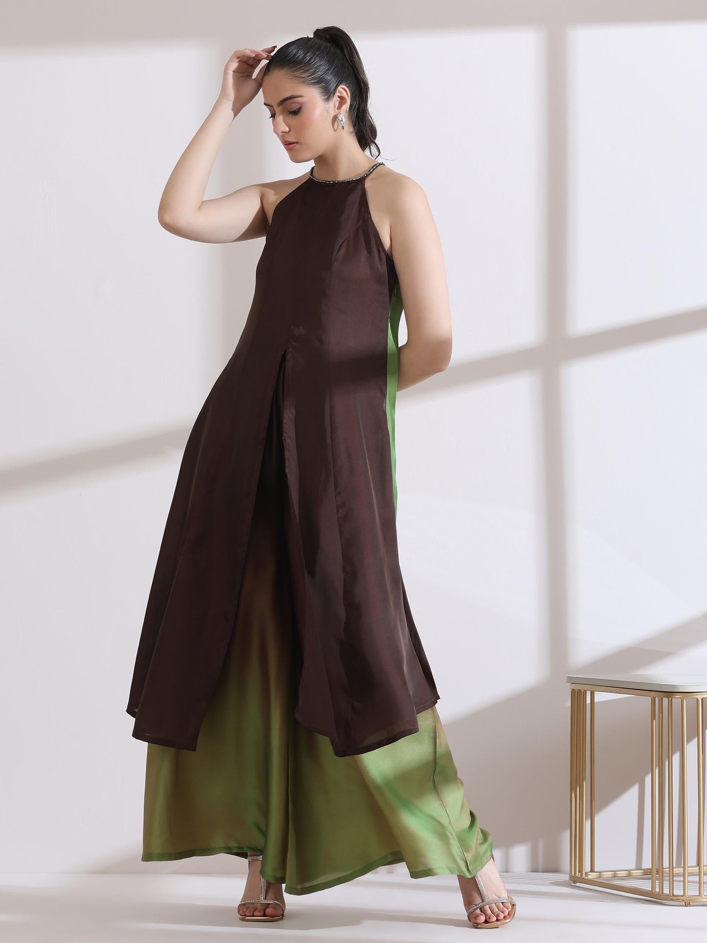 Dhiyona ST Women's Chocolate Green Chiffon Ombre Satin Kurta with Beads and Palazzo Pants 2 Piece Set | A-Line, Halter Neck, Sleeveless, Partywear, (Chiffon Satin)